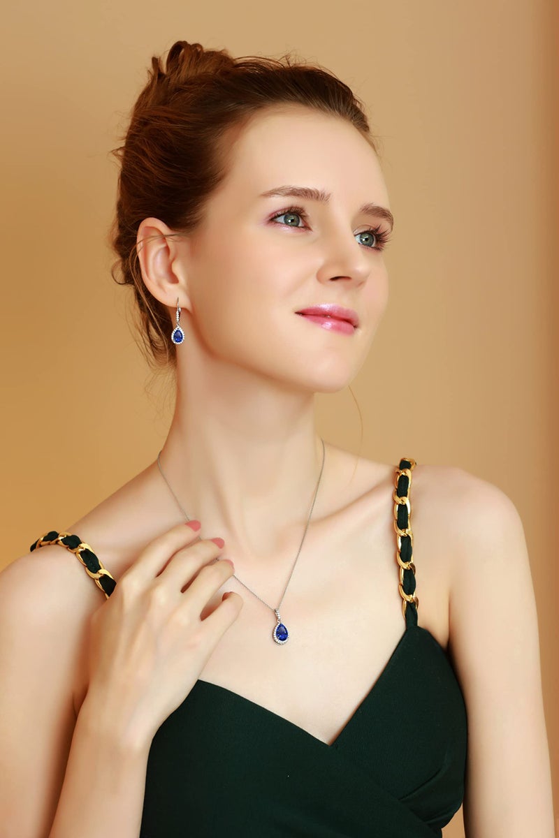 B. BRILLIANT Sterling Silver Created Blue Sapphire & White Topaz Teardrop Dangling Necklace & Leverback Drop Dangle Earrings Jewelry Set for Women with Gift Box - Image 4